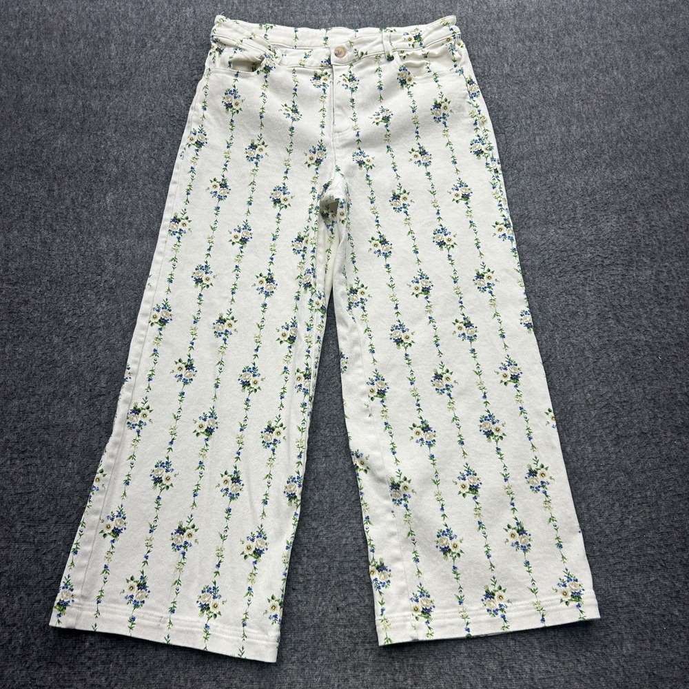 Entro Floral Print Pants Cream M Cottagecore Coquette Vertical Stripe Wide Leg